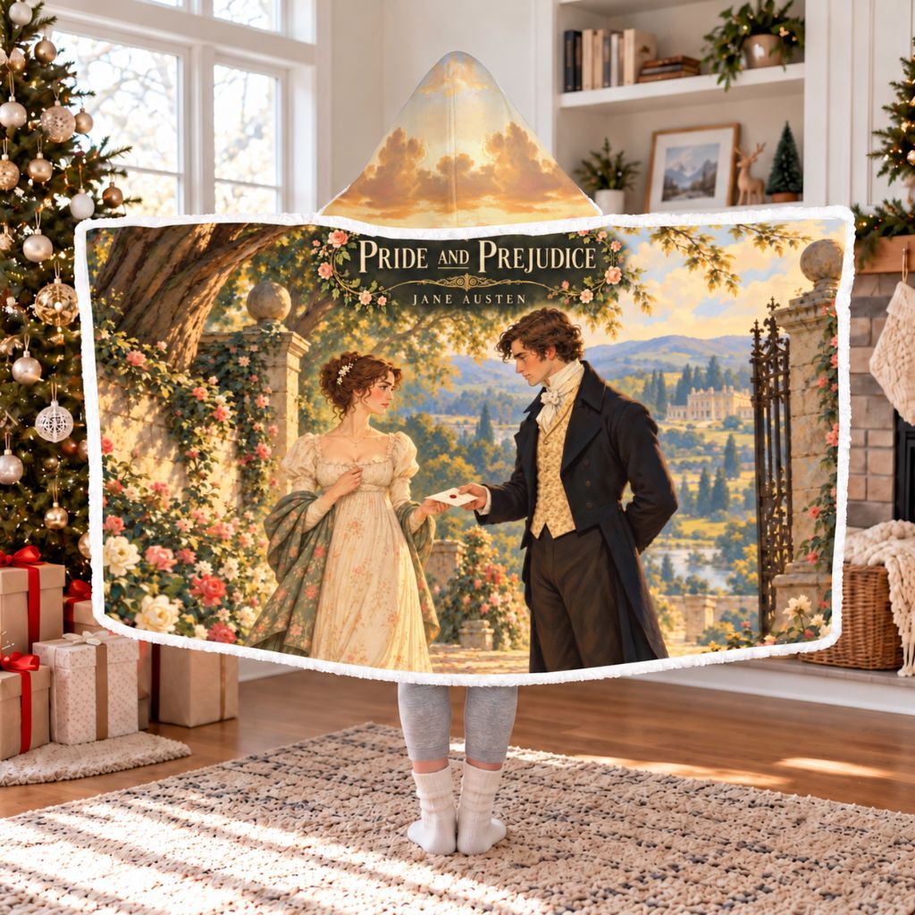 Pride And Prejudice Sherpa Hooded Blanket | Jane Austen Reader Gift White