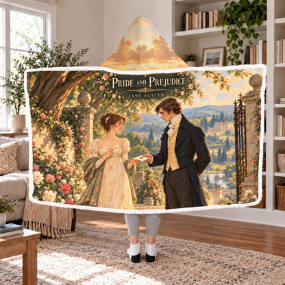 Pride And Prejudice Sherpa Hooded Blanket | Jane Austen Reader Gift White