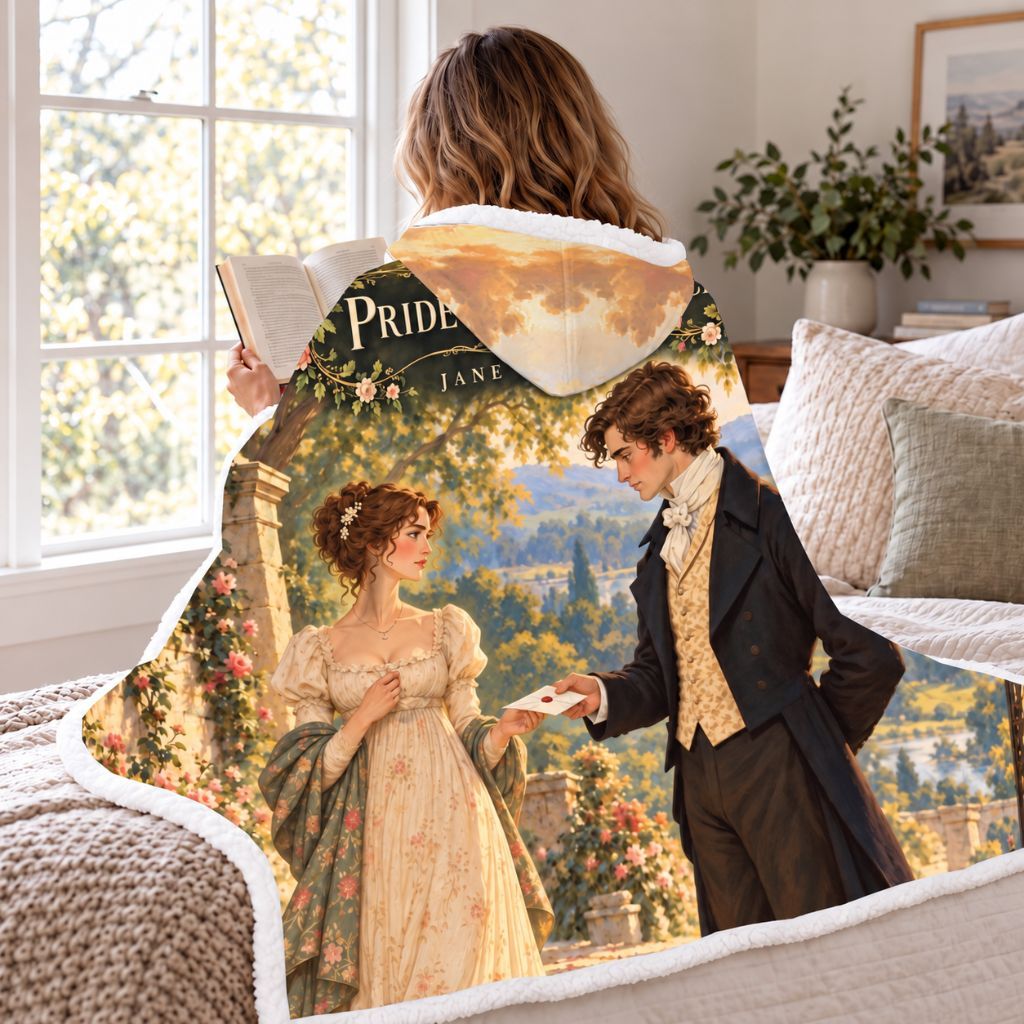 Pride And Prejudice Sherpa Hooded Blanket | Jane Austen Reader Gift White