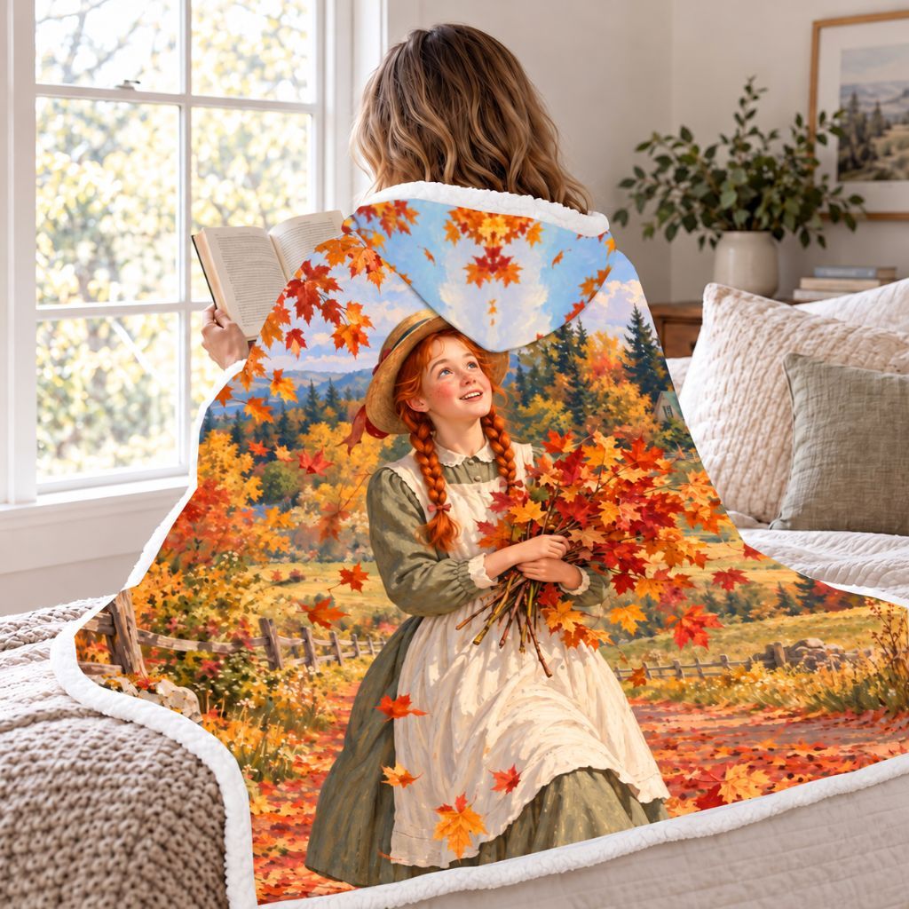 Anne Of Green Gables In Fall Sherpa Hooded Blanket | Fall Reader Gift White