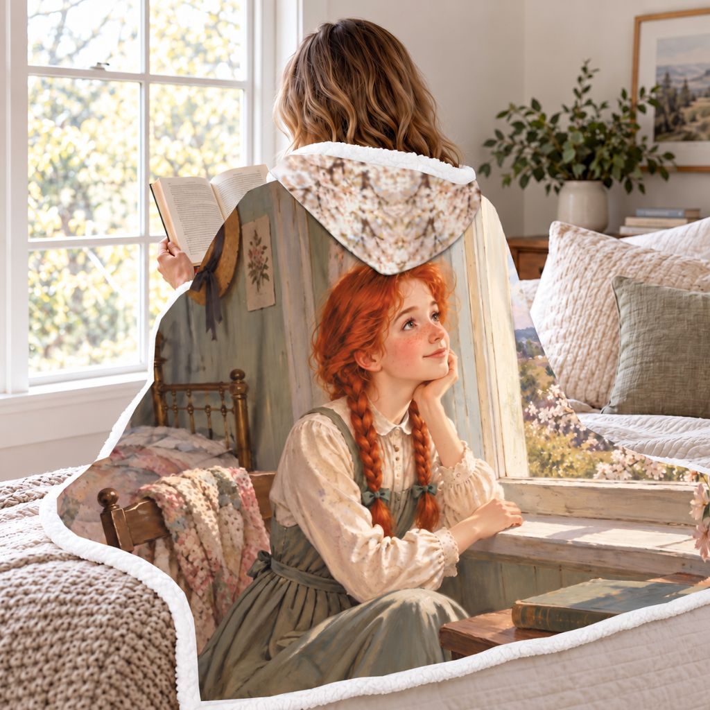 Anne Of Green Gables In Bloom Sherpa Hooded Blanket | Classics Reader Gift White