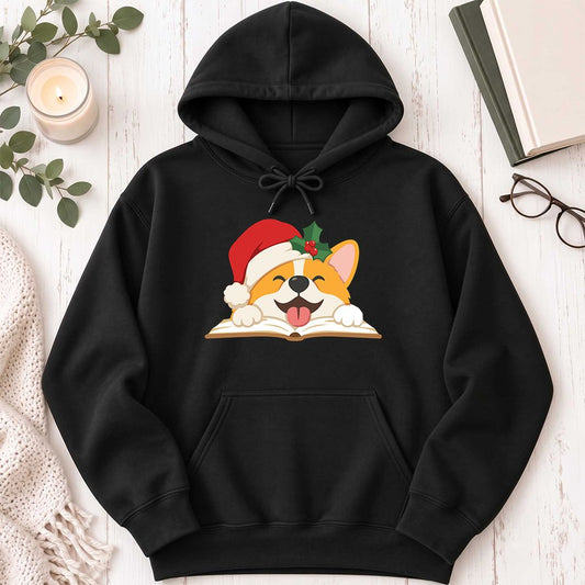 Christmas Corgi Reading Softstyle Hoodie | Dog Lover Reader Gift Black