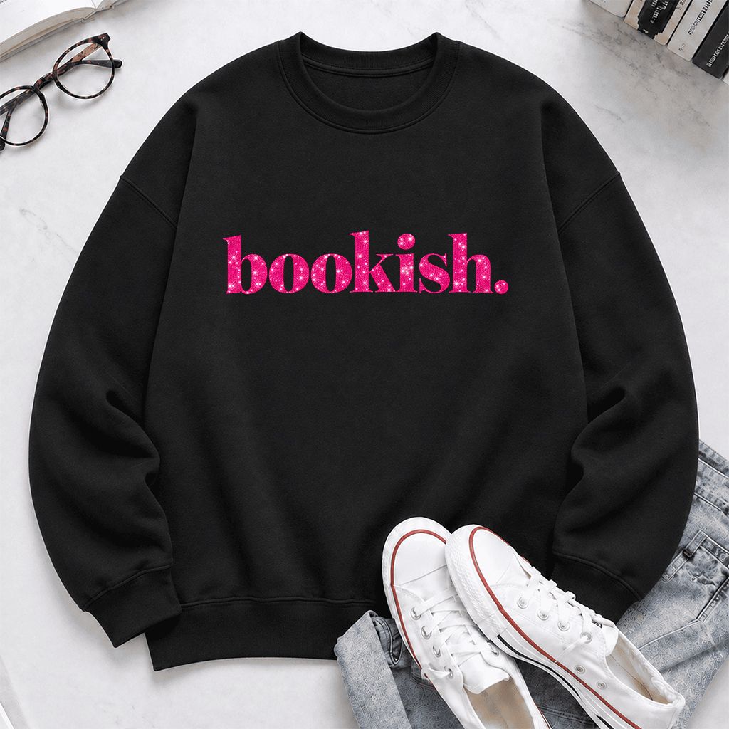 Bookish Glitter Print Sweatshirt | Book Lover Gift Black