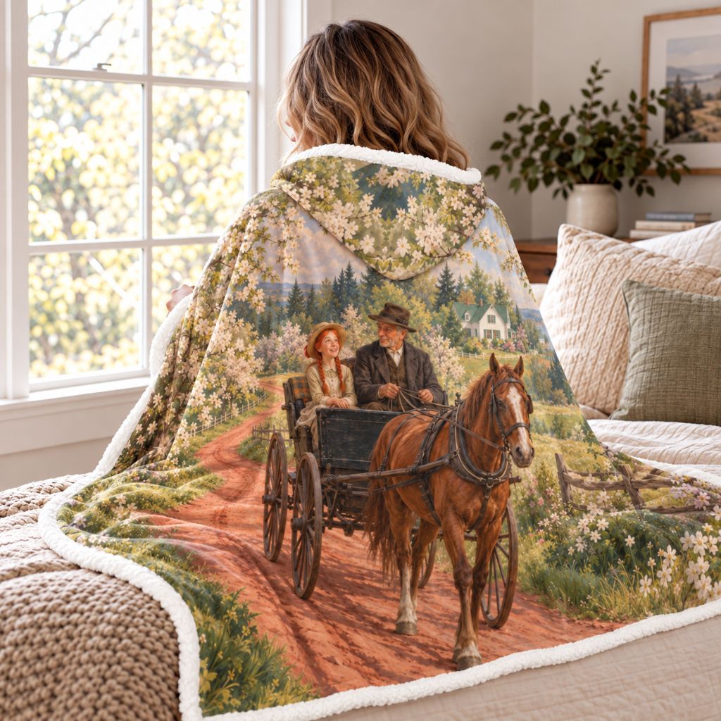 Anne Of Green Gables Buggy Ride Sherpa Hooded Blanket | Classics Reader Gift White