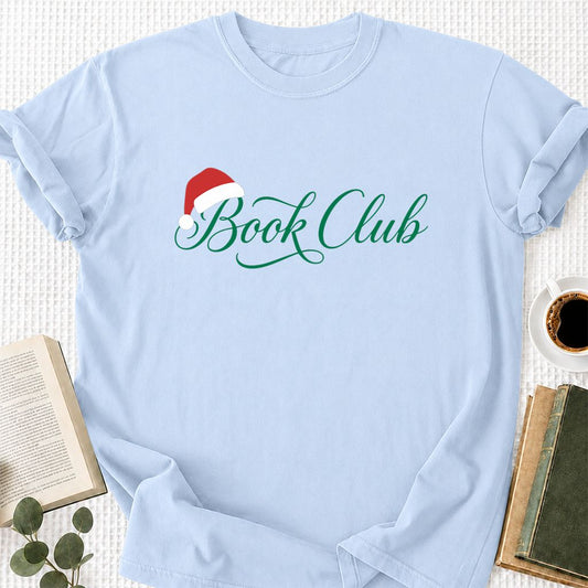 Book Club Santa Hat Printed T-Shirt | Christmas Reader Gift Light Blue