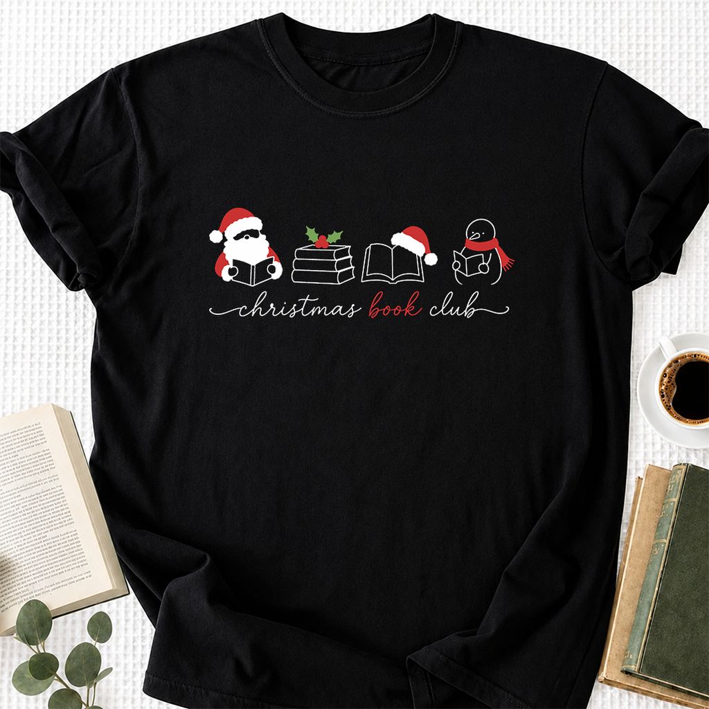 Christmas Book Club Santa And Snowman Printed T-Shirt | Reader Gift Black