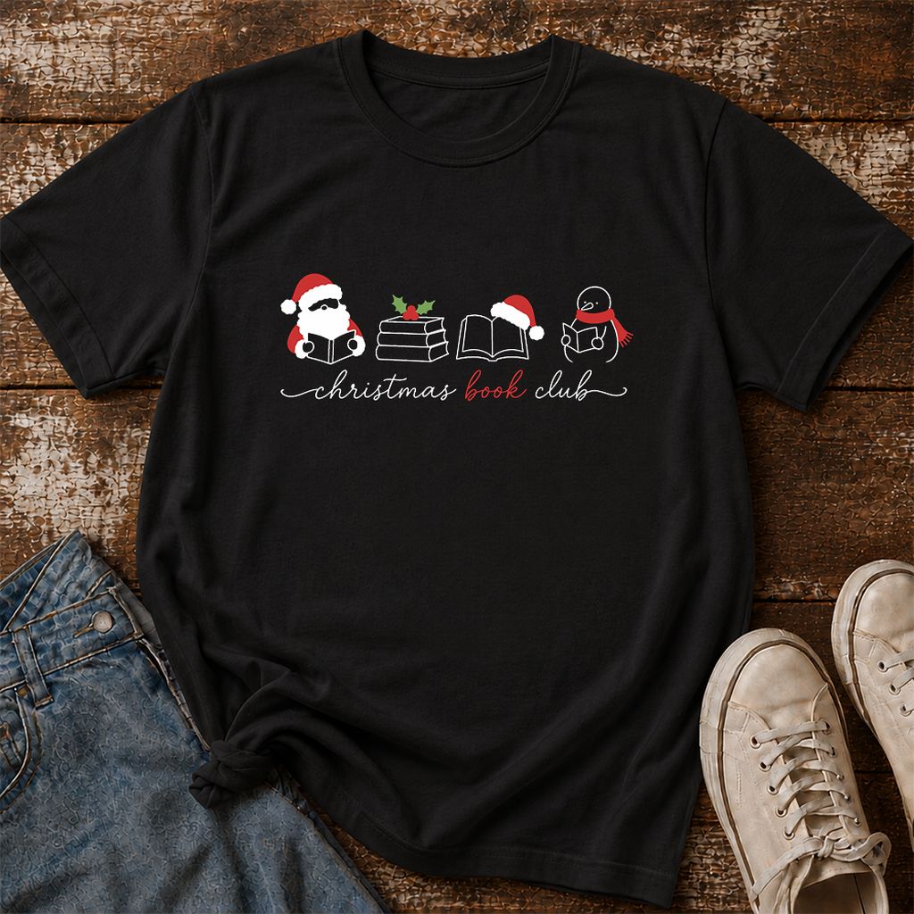 Christmas Book Club Santa And Snowman Printed T-Shirt | Reader Gift Black