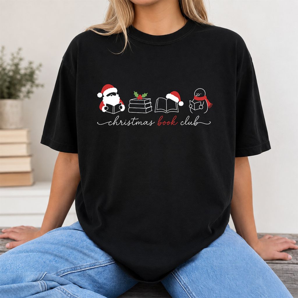 Christmas Book Club Santa And Snowman Printed T-Shirt | Reader Gift Black