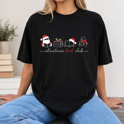 Christmas Book Club Santa And Snowman Printed T-Shirt | Reader Gift Black