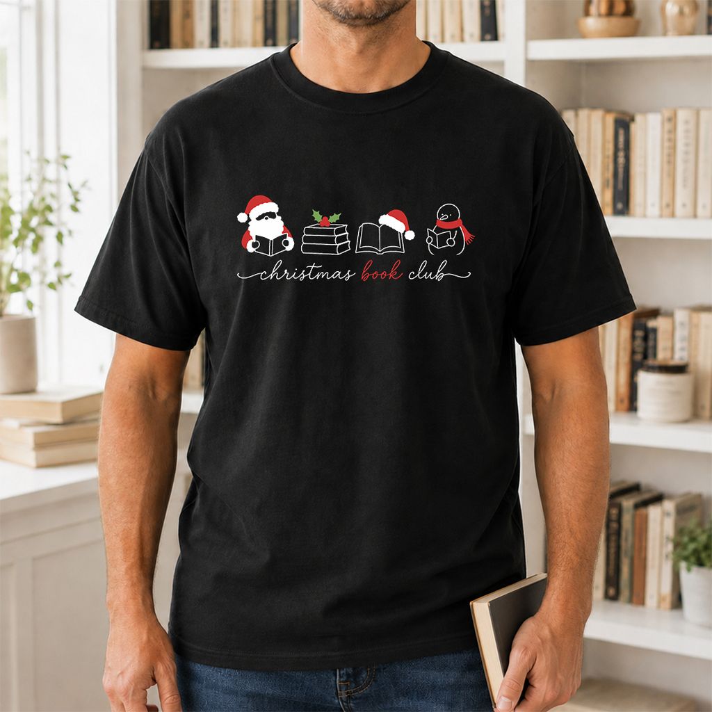 Christmas Book Club Santa And Snowman Printed T-Shirt | Reader Gift Black