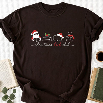 Christmas Book Club Santa And Snowman Printed T-Shirt | Reader Gift Dark Chocolate