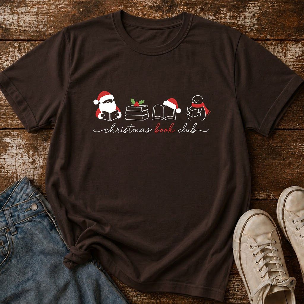 Christmas Book Club Santa And Snowman Printed T-Shirt | Reader Gift Dark Chocolate