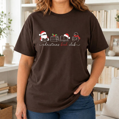 Christmas Book Club Santa And Snowman Printed T-Shirt | Reader Gift Dark Chocolate