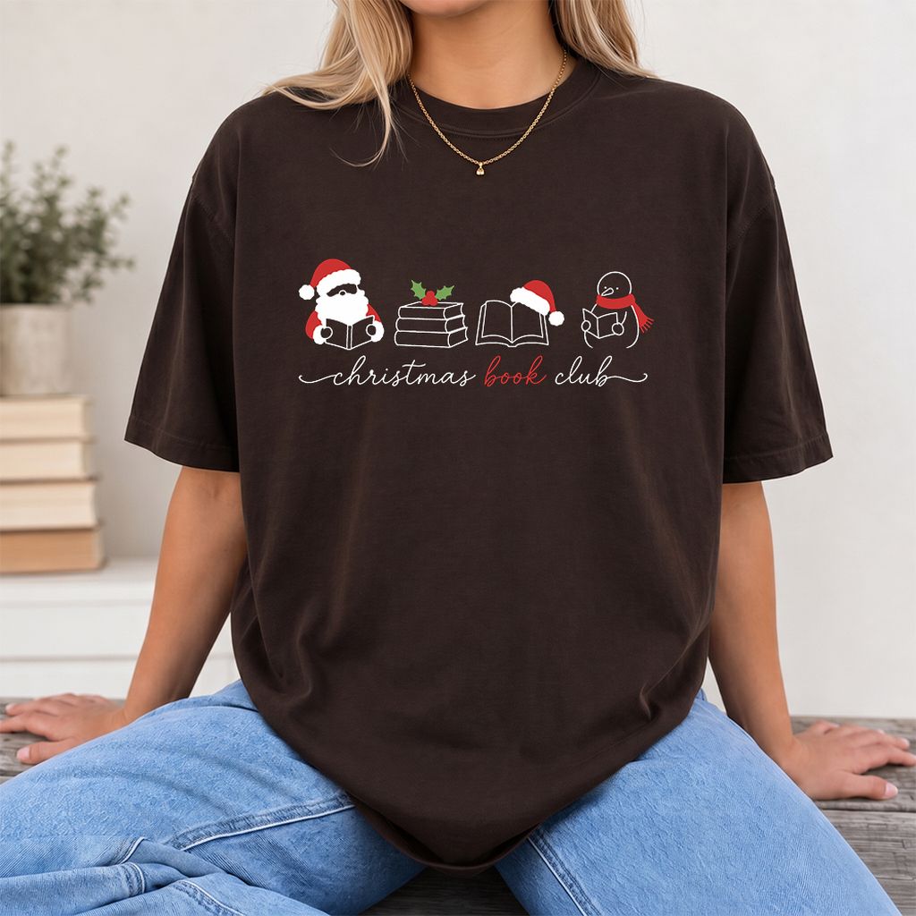Christmas Book Club Santa And Snowman Printed T-Shirt | Reader Gift Dark Chocolate