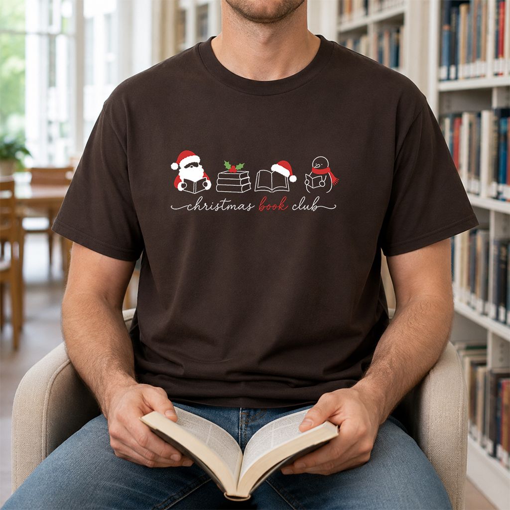 Christmas Book Club Santa And Snowman Printed T-Shirt | Reader Gift Dark Chocolate