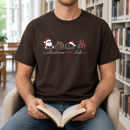 Christmas Book Club Santa And Snowman Printed T-Shirt | Reader Gift Dark Chocolate