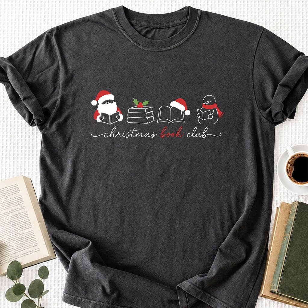 Christmas Book Club Santa And Snowman Printed T-Shirt | Reader Gift Dark Heather