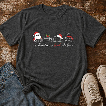Christmas Book Club Santa And Snowman Printed T-Shirt | Reader Gift Dark Heather