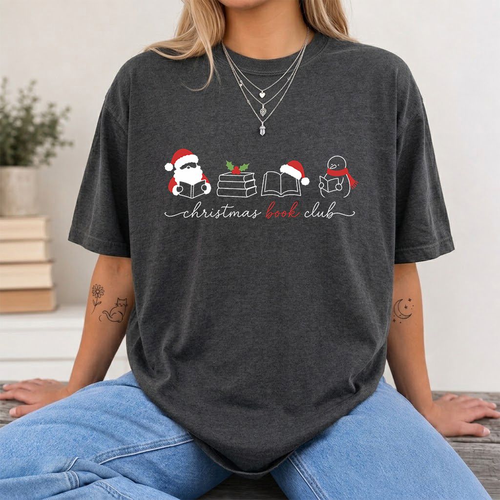 Christmas Book Club Santa And Snowman Printed T-Shirt | Reader Gift Dark Heather