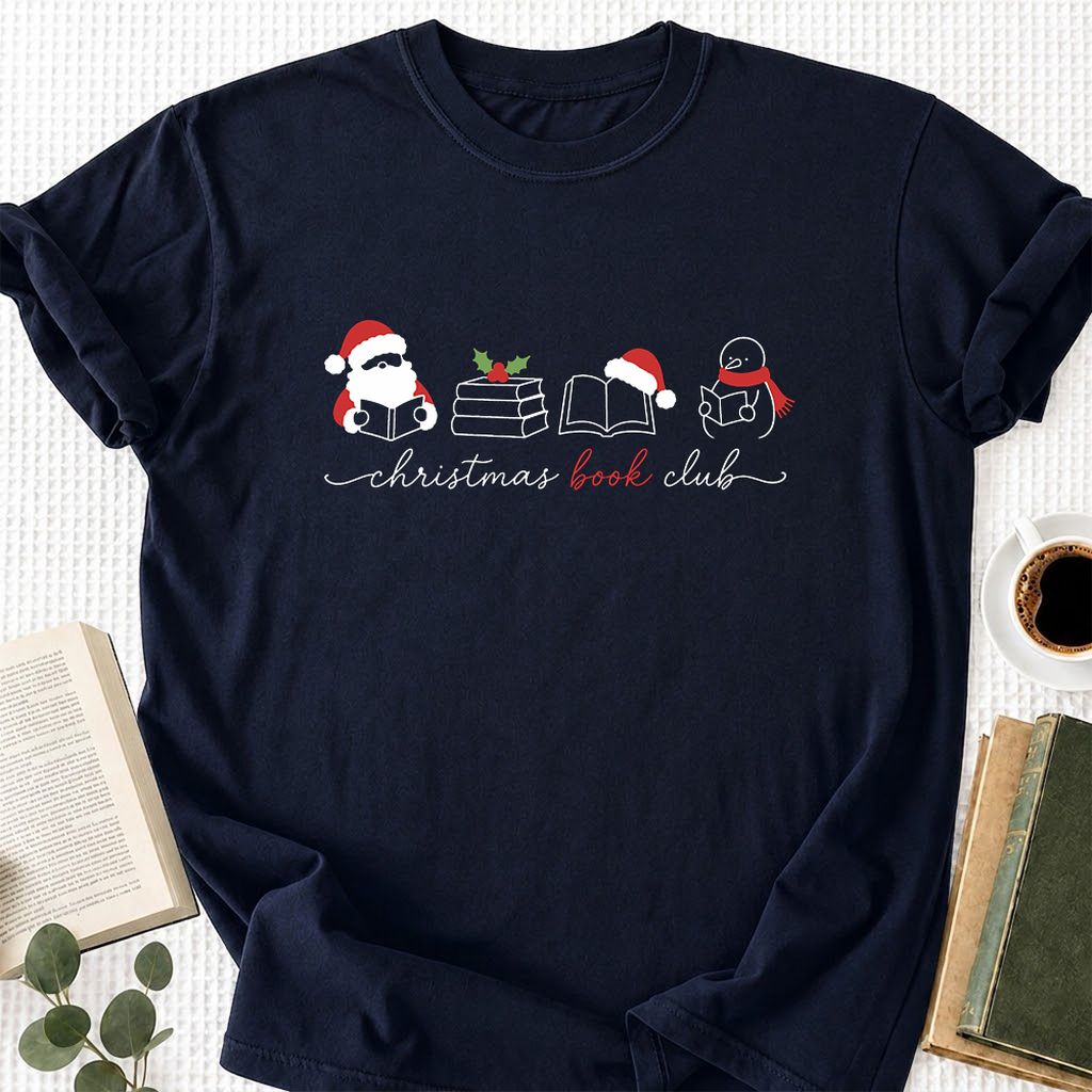 Christmas Book Club Santa And Snowman Printed T-Shirt | Reader Gift Navy