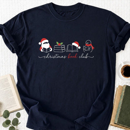 Christmas Book Club Santa And Snowman Printed T-Shirt | Reader Gift Navy