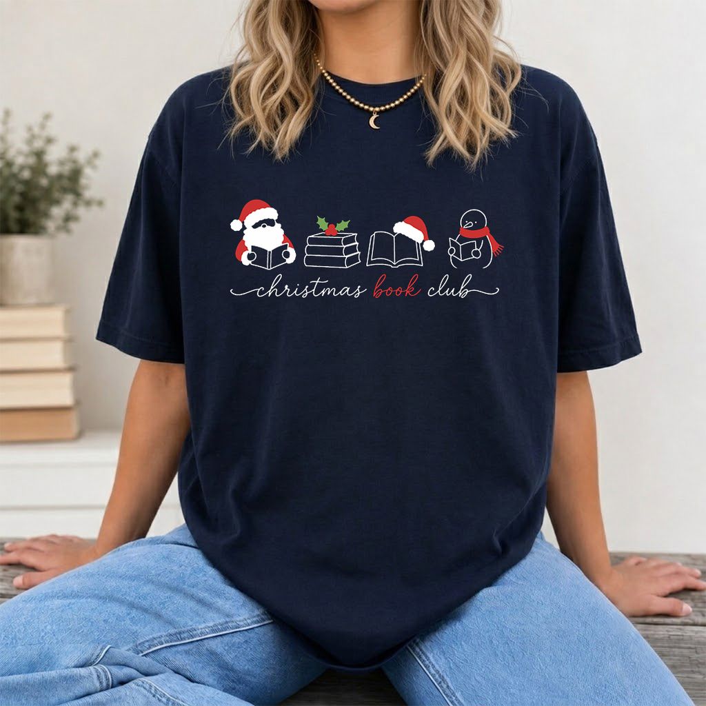 Christmas Book Club Santa And Snowman Printed T-Shirt | Reader Gift Navy
