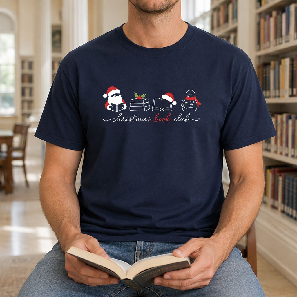 Christmas Book Club Santa And Snowman Printed T-Shirt | Reader Gift Navy