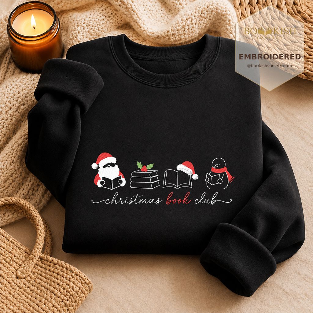 Christmas Book Club Santa And Snowman Embroidered Sweatshirt | Reader Gift Black