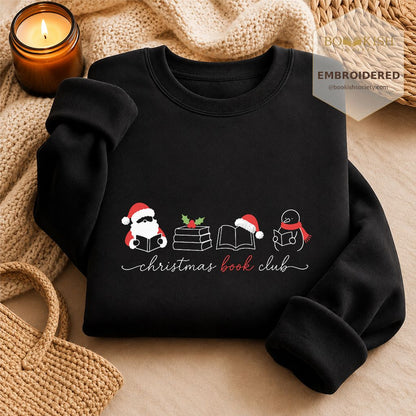 Christmas Book Club Santa And Snowman Embroidered Sweatshirt | Reader Gift Black
