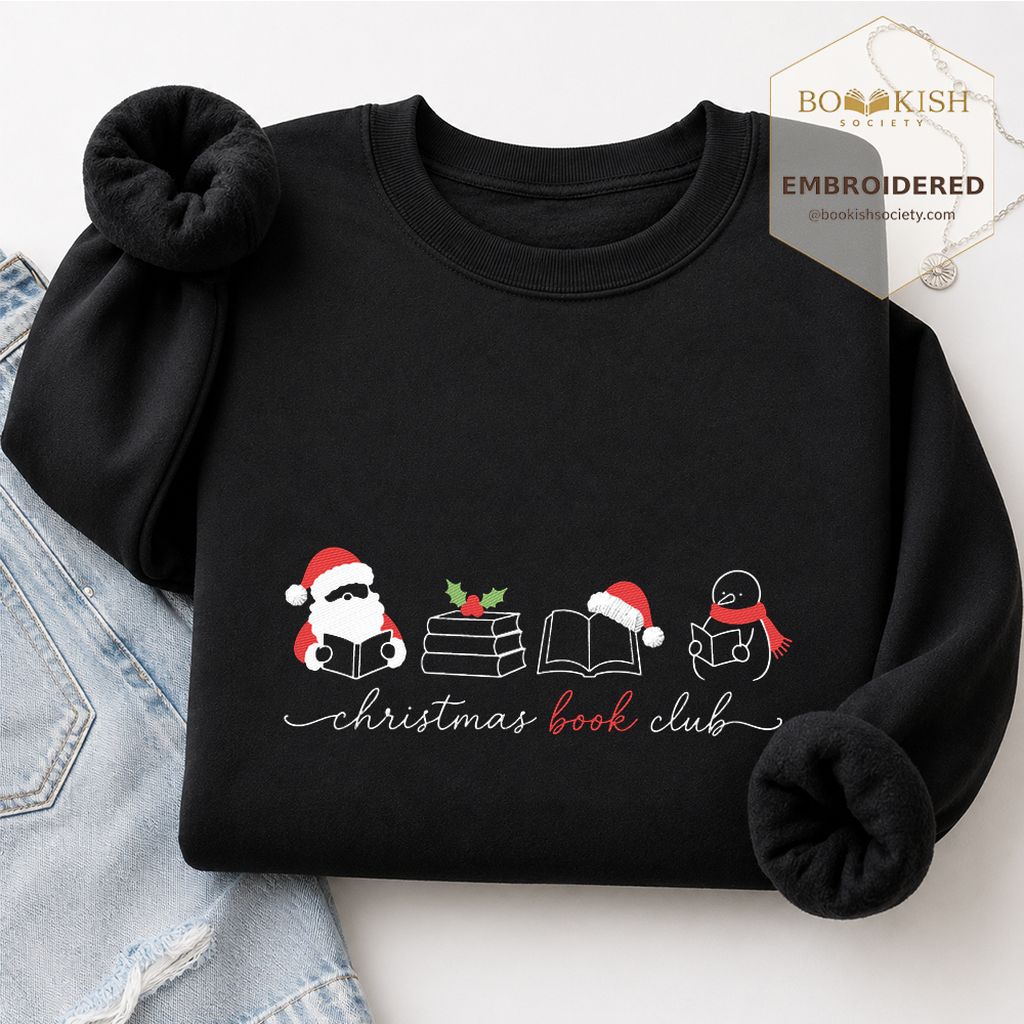 Christmas Book Club Santa And Snowman Embroidered Sweatshirt | Reader Gift Black