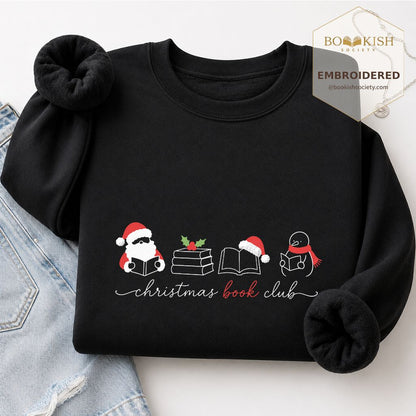 Christmas Book Club Santa And Snowman Embroidered Sweatshirt | Reader Gift Black