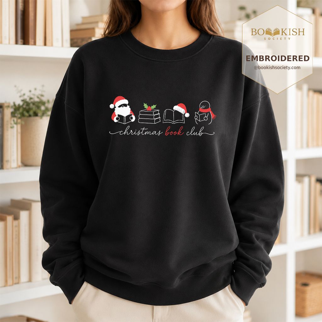 Christmas Book Club Santa And Snowman Embroidered Sweatshirt | Reader Gift Black