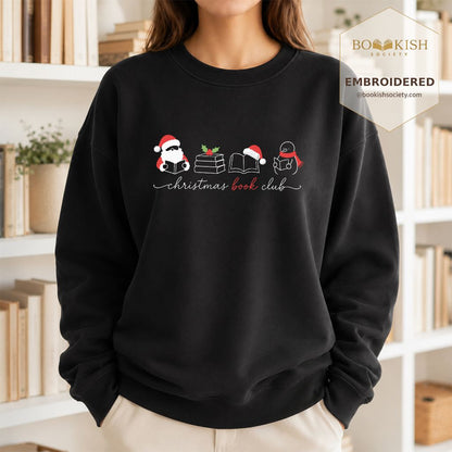 Christmas Book Club Santa And Snowman Embroidered Sweatshirt | Reader Gift Black