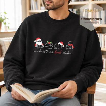 Christmas Book Club Santa And Snowman Embroidered Sweatshirt | Reader Gift Black