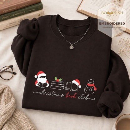 Christmas Book Club Santa And Snowman Embroidered Sweatshirt | Reader Gift Dark Chocolate