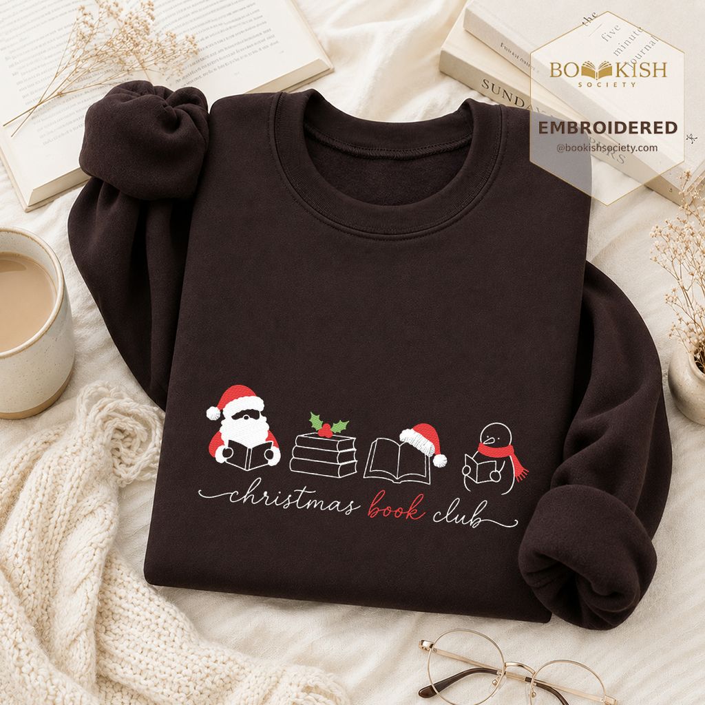 Christmas Book Club Santa And Snowman Embroidered Sweatshirt | Reader Gift Dark Chocolate