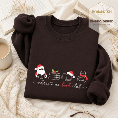 Christmas Book Club Santa And Snowman Embroidered Sweatshirt | Reader Gift Dark Chocolate
