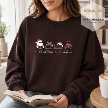 Christmas Book Club Santa And Snowman Embroidered Sweatshirt | Reader Gift Dark Chocolate