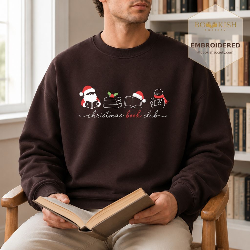 Christmas Book Club Santa And Snowman Embroidered Sweatshirt | Reader Gift Dark Chocolate