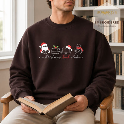Christmas Book Club Santa And Snowman Embroidered Sweatshirt | Reader Gift Dark Chocolate