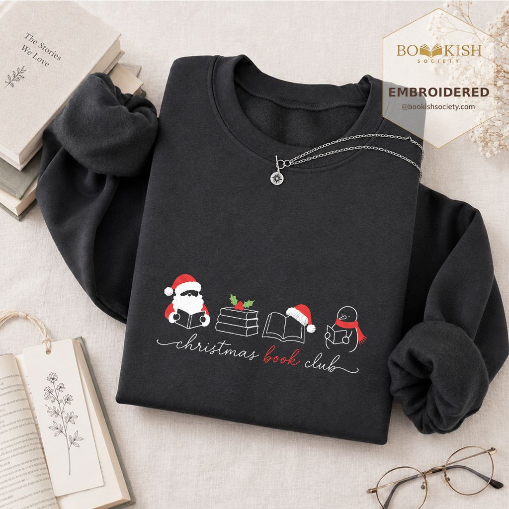 Christmas Book Club Santa And Snowman Embroidered Sweatshirt | Reader Gift Dark Heather