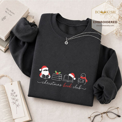 Christmas Book Club Santa And Snowman Embroidered Sweatshirt | Reader Gift Dark Heather