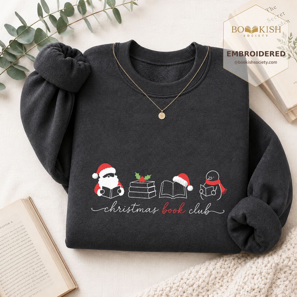 Christmas Book Club Santa And Snowman Embroidered Sweatshirt | Reader Gift Dark Heather