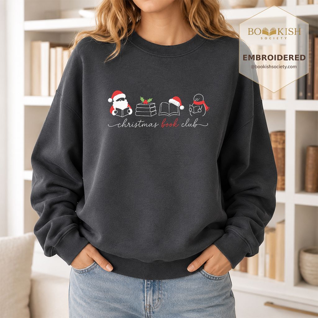 Christmas Book Club Santa And Snowman Embroidered Sweatshirt | Reader Gift Dark Heather