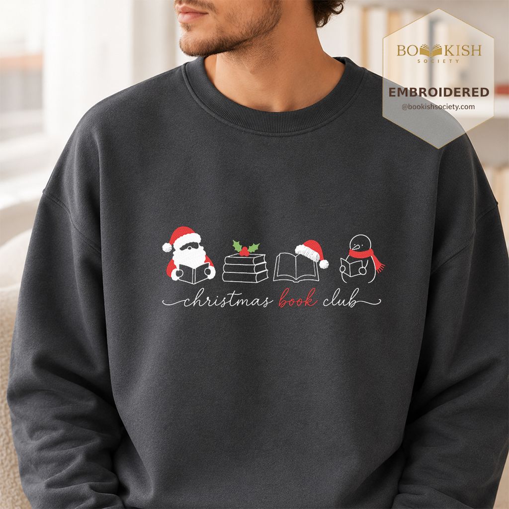 Christmas Book Club Santa And Snowman Embroidered Sweatshirt | Reader Gift Dark Heather
