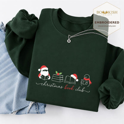 Christmas Book Club Santa And Snowman Embroidered Sweatshirt | Reader Gift Forest Green