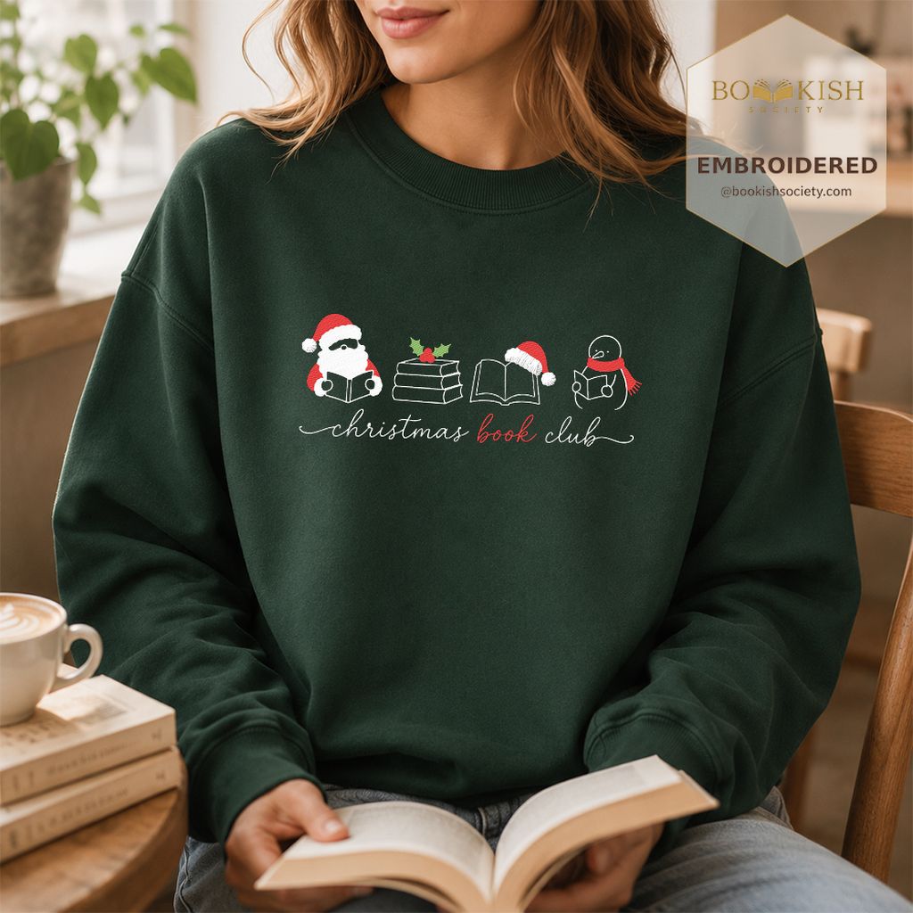 Christmas Book Club Santa And Snowman Embroidered Sweatshirt | Reader Gift Forest Green