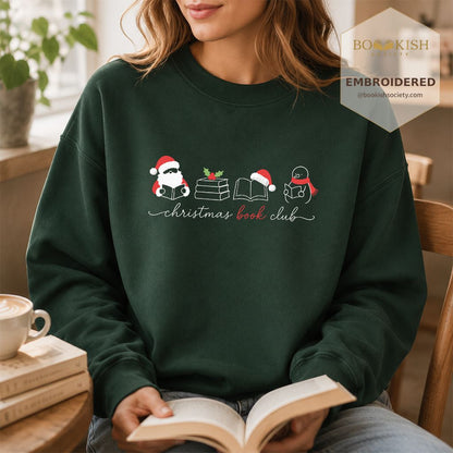 Christmas Book Club Santa And Snowman Embroidered Sweatshirt | Reader Gift Forest Green