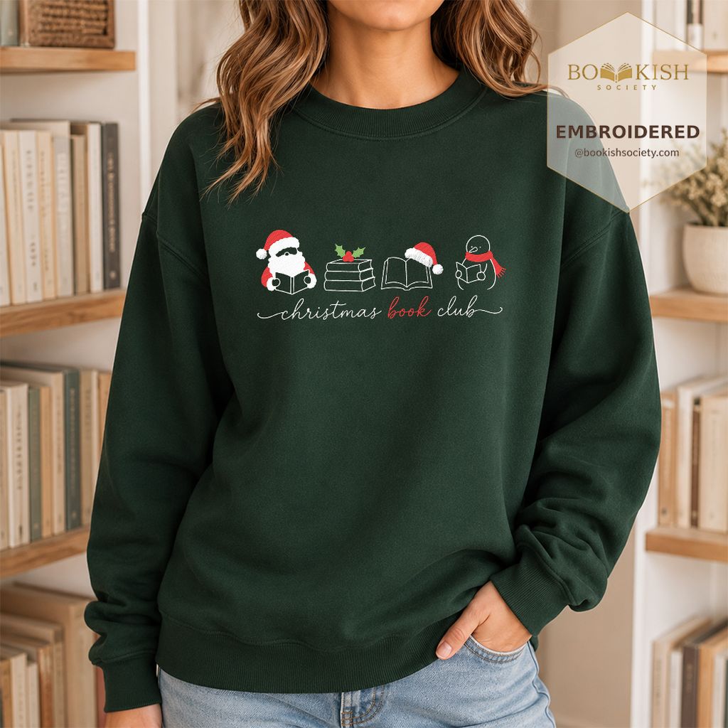 Christmas Book Club Santa And Snowman Embroidered Sweatshirt | Reader Gift Forest Green