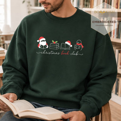 Christmas Book Club Santa And Snowman Embroidered Sweatshirt | Reader Gift Forest Green